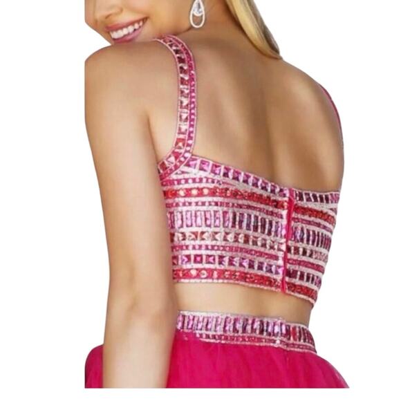 Sherri Hill 2Pc Beaded Crop Tank & Beaded Mini Skirt In Fuchsia Size 0 - Picture 5 of 6